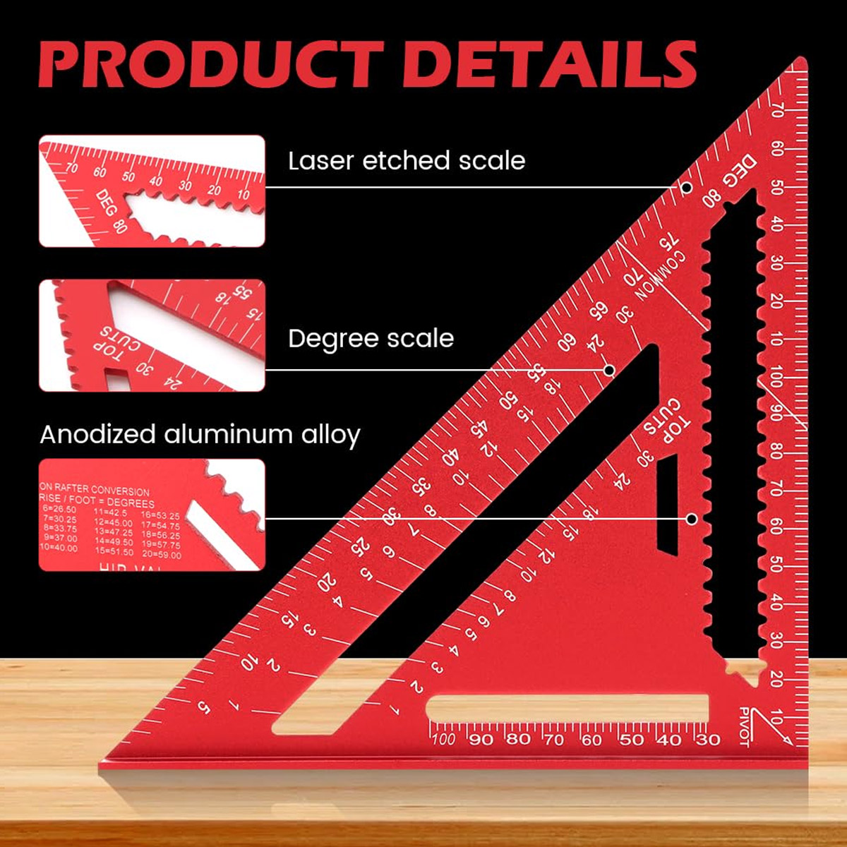 Woodworking Ruler - Aluminium-Legierung Winkellineal Hochpräzises Metrisches Dreiecklineal Holzbearbeitungs-Winkelmesswerkzeug